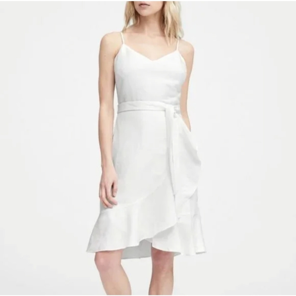 NWOT Banana Republic Linen-Blend Ruffle Wrap Dress, White, Size 2